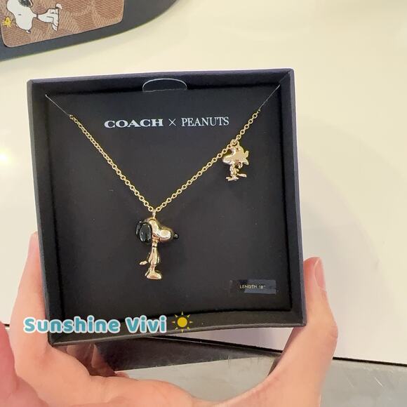 NWT Coach X Peanuts Snoopy And Woodstock Pendant Necklace CCA48 Gold /Black - Picture 1 of 8
